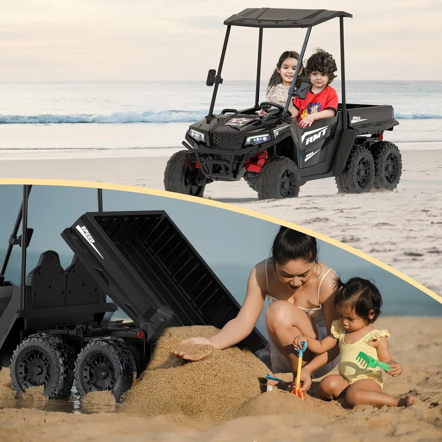 24V Kids Ride on Toys, 2 Seater Car Truck w/Sun Shade, Dump Bed & Shovel, 4WD Electric Ride