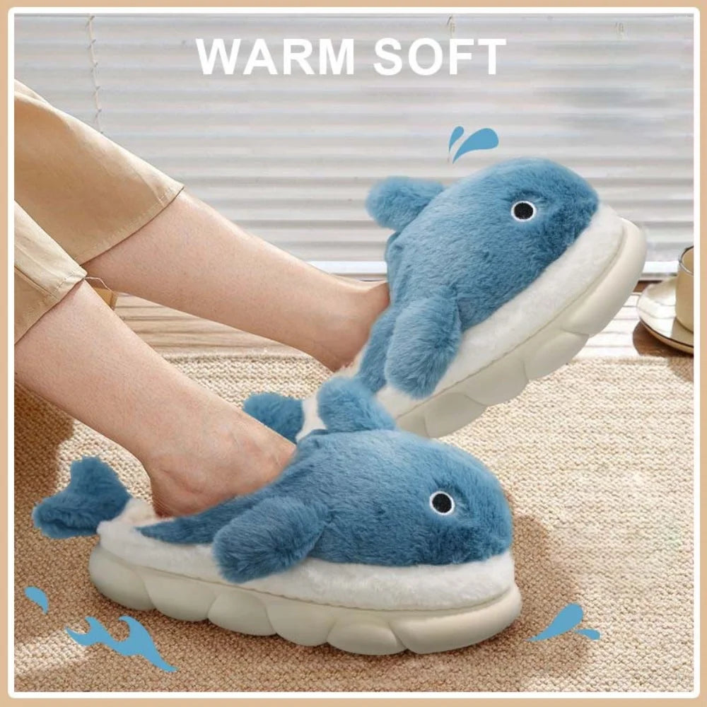 Soft Plush Sharky Slides For Wome&Men,Whale Shark Anti-Skid Winter Cute Couple House Slippers