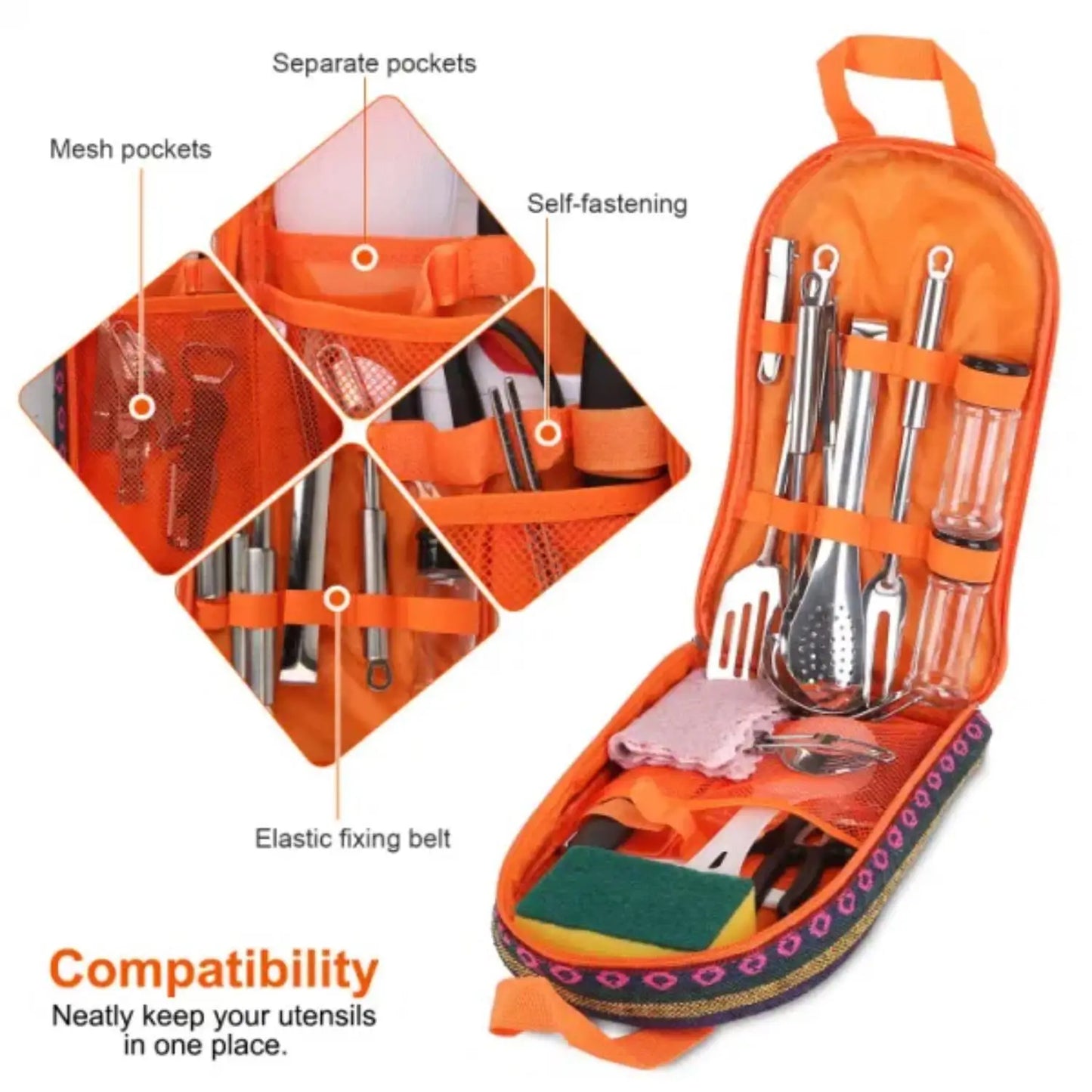 19pcs camp cooking kit Portable picnic cookware Outdoor kitchen Gear campfire BBQ kit w\storage bag