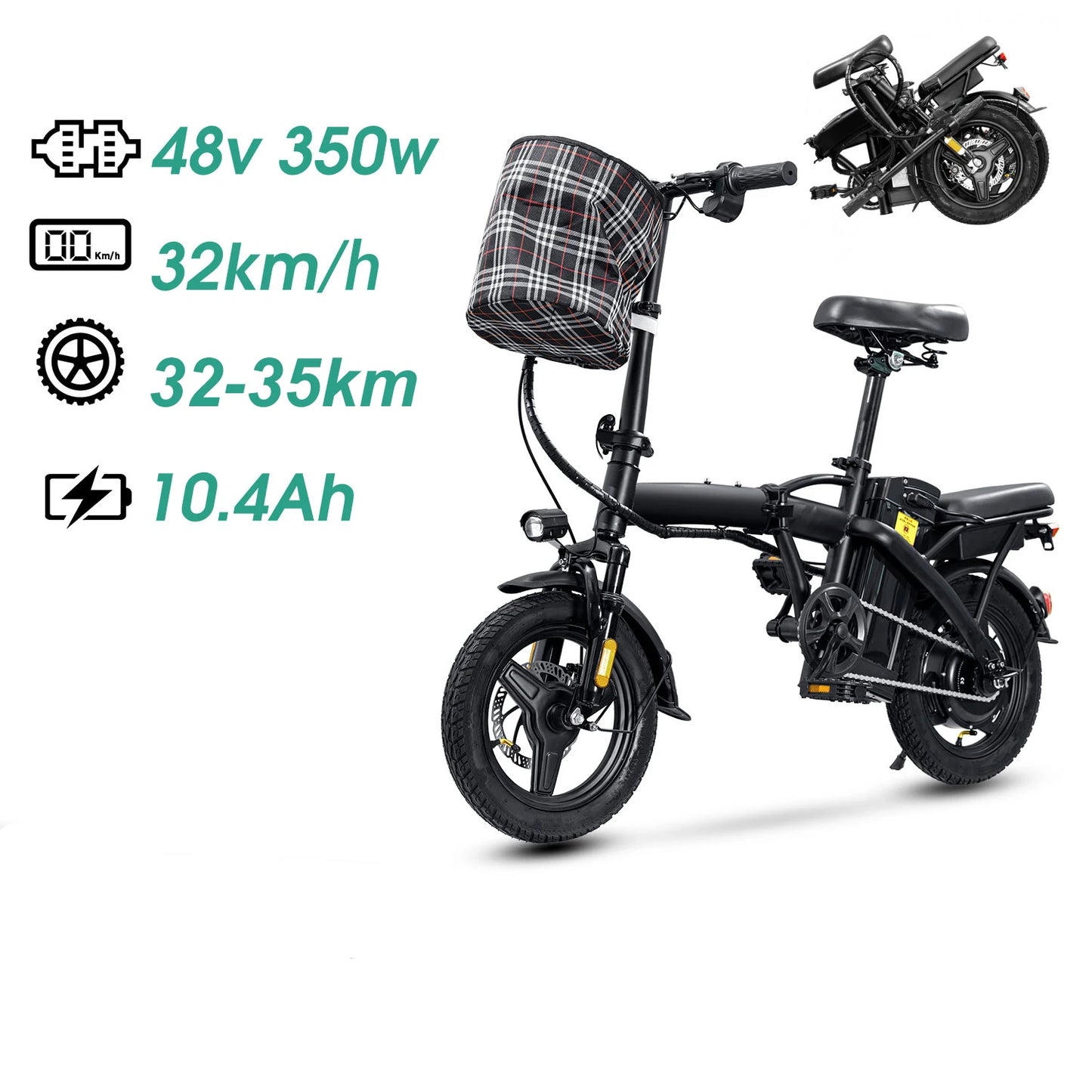 Folding Electric Bike With Basket 350W , 48V 10.4AH Commuting Lightweight Cycling Escooter