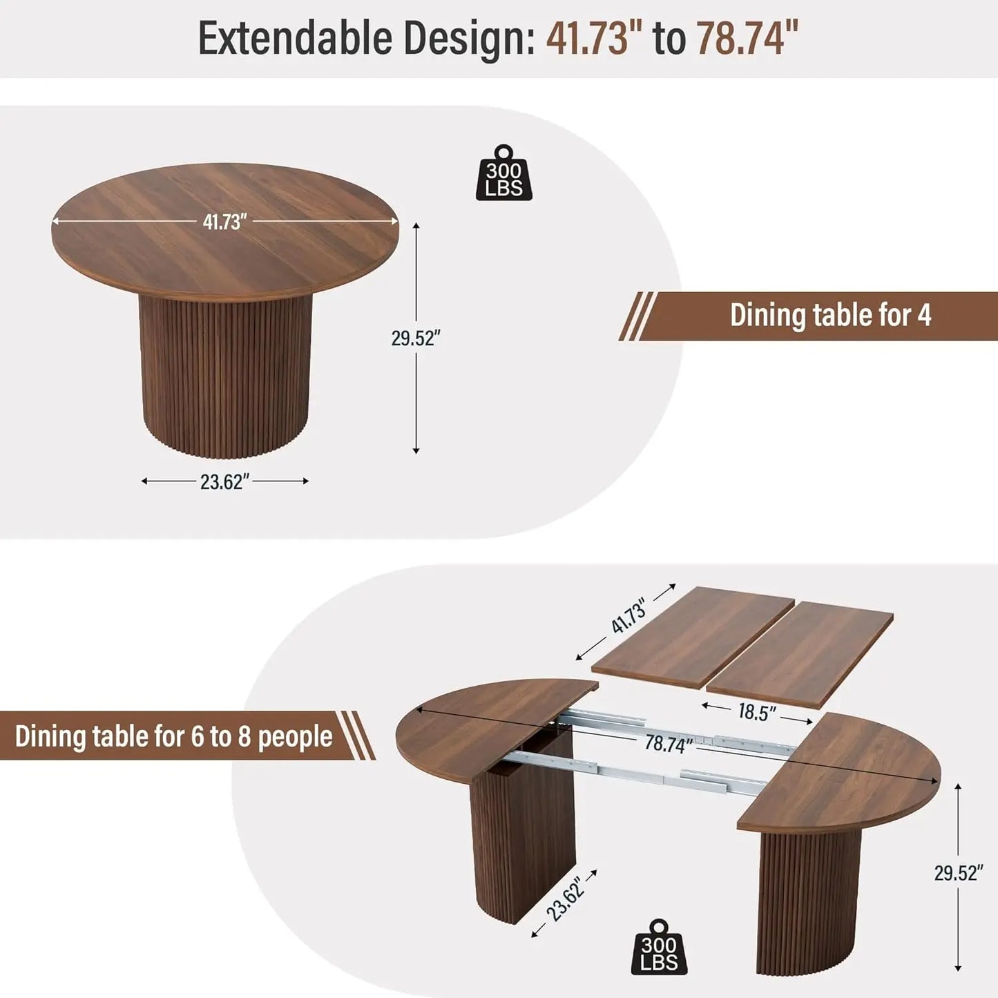 41 in-78 in Extendable Dining Room Table, 4-8, Round Expandable Table, Fluted Base, Modern Farmhouse