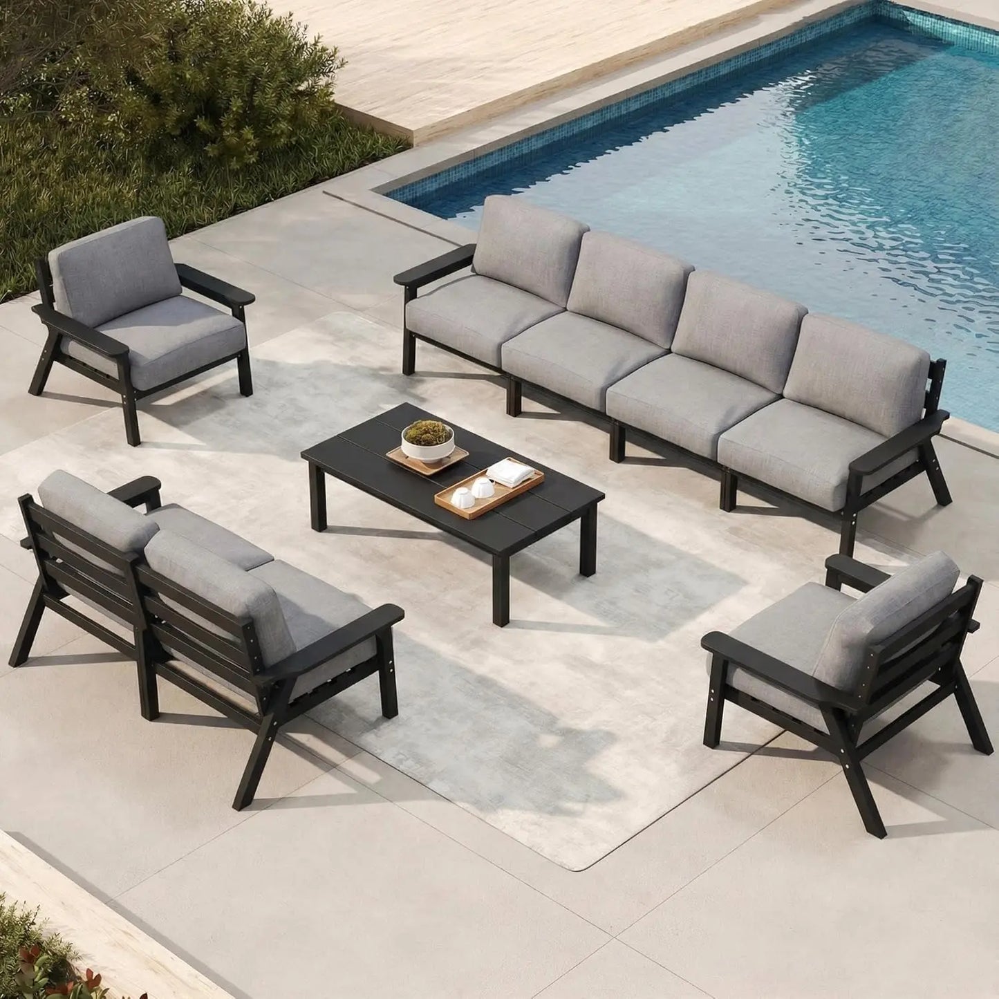 Patio Set 8 Seats, Outdoor Sectional, Beige Washable Thick Cushions, Coffee Table, Patio