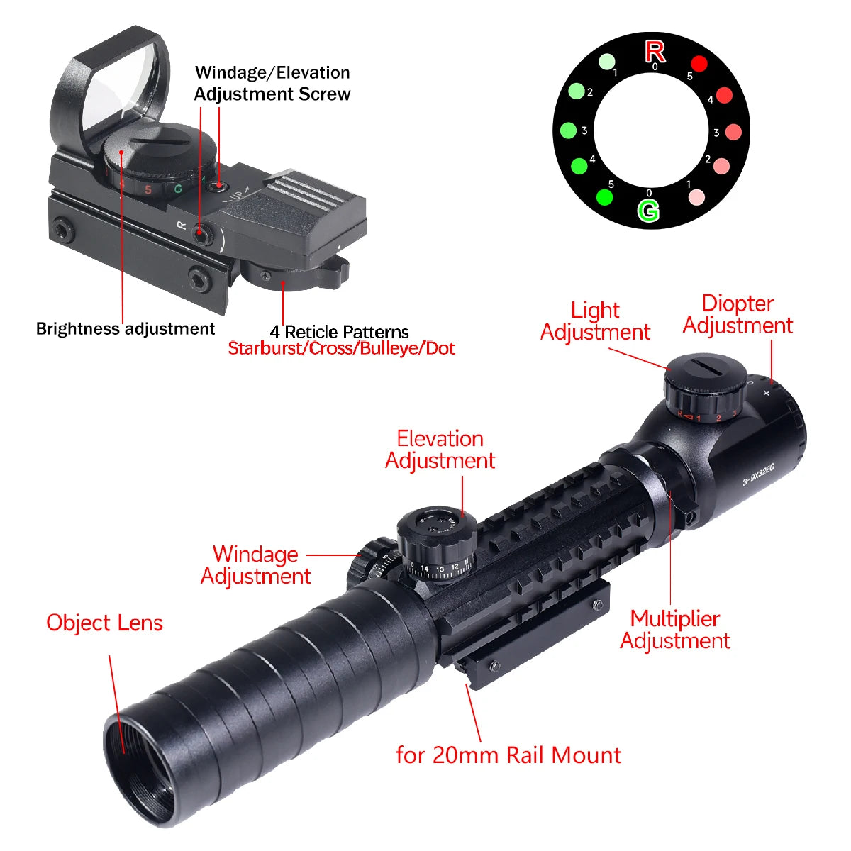 3-9X32EG Riflescope Laser Red Dot 3 in 1 Combo Optic Sight Red Green Illuminated Reflex 4 Reticle