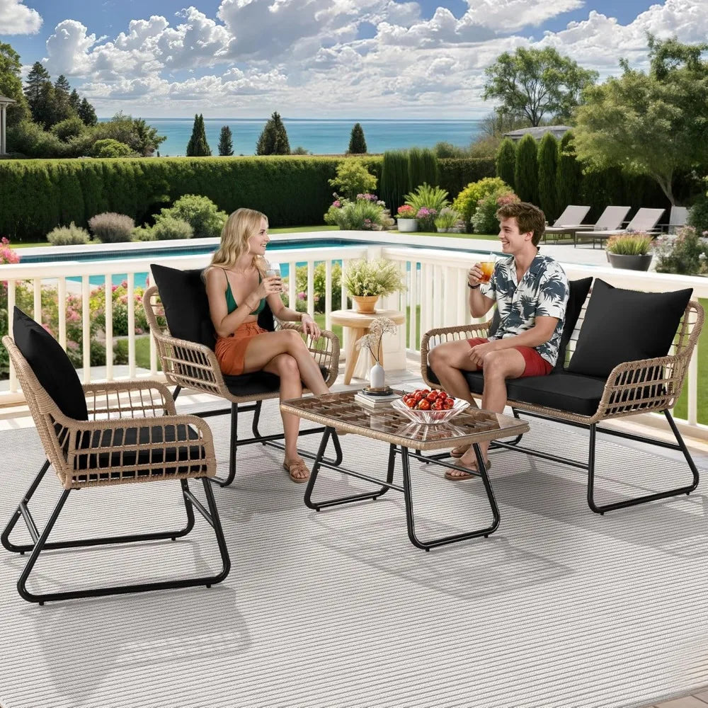Outdoor Patio Set 4 Pieces, Wicker,Soft Cushion & Coffee Table, Rattan Bistro Set Patio Set Chairs