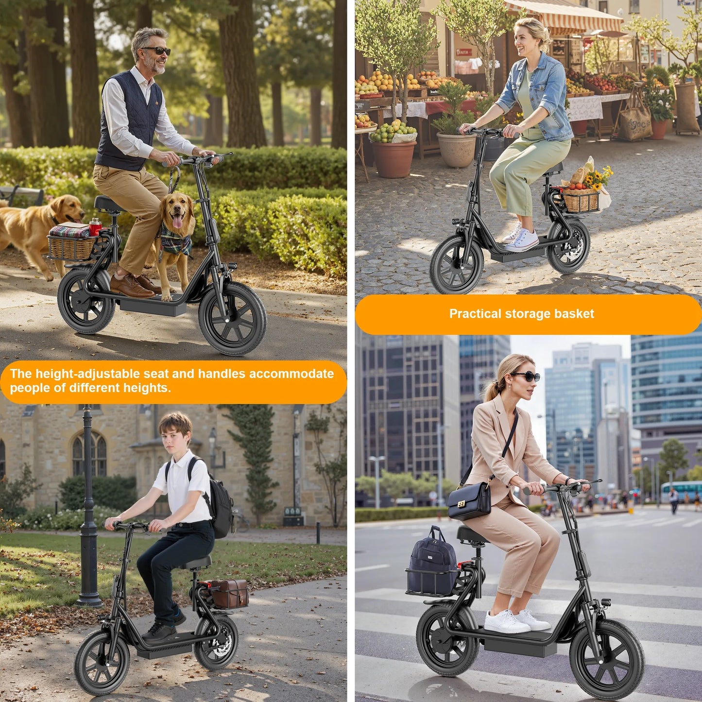 E-Scooter,w/Seat, Adult, 20MPH Speed Power by 500W Motor, 48V/10.4Ah Wider Deck & Height &basket