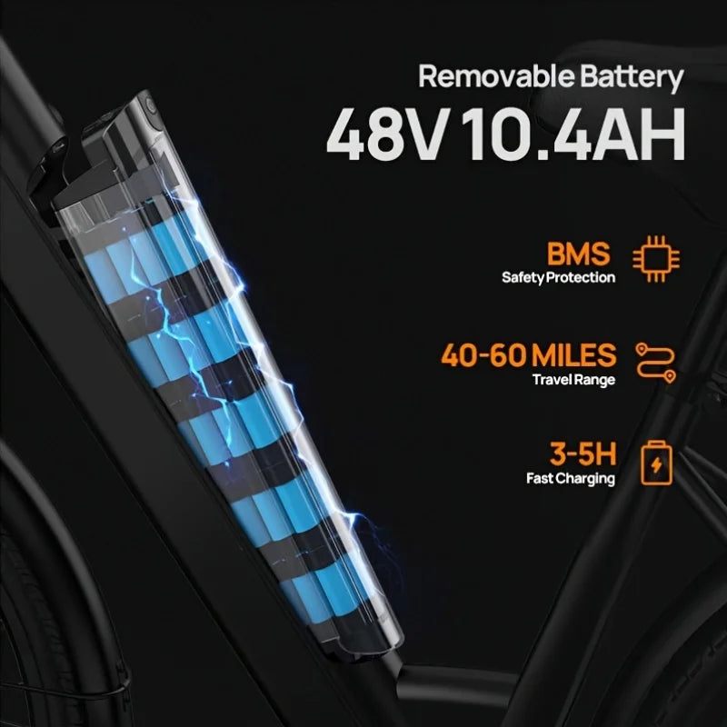 750W E26 Electric Bike 26x2" Commuter Tires 48V 10.4Ah Removable 20MPH Speed 7-Speeds LCD Display