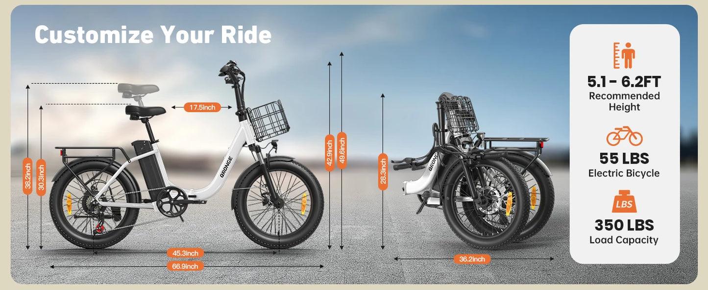 QRONGE Electric Bike 1000W Peak Folding Electric Bike 486Wh 70 Miles Range Ebike 20" Step-Thru Electric Bicycle with Bike Basket