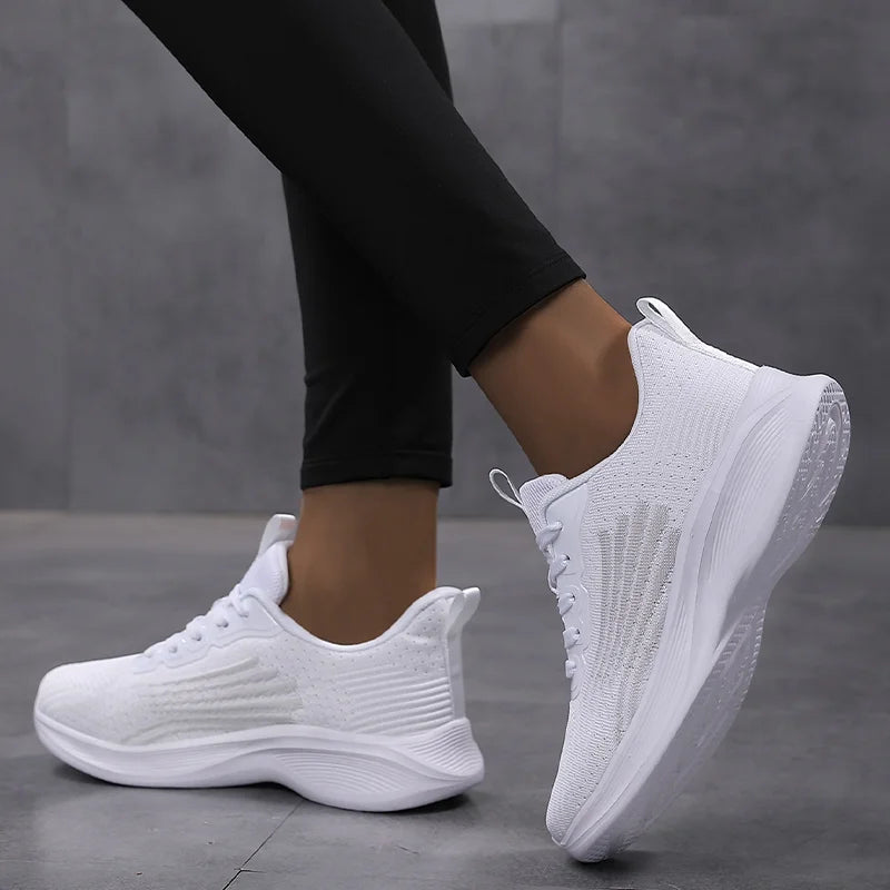 Women Lightweight Sneakers, Running Sport, Female Mesh Breathable,Train, White Flat Walking Shoes