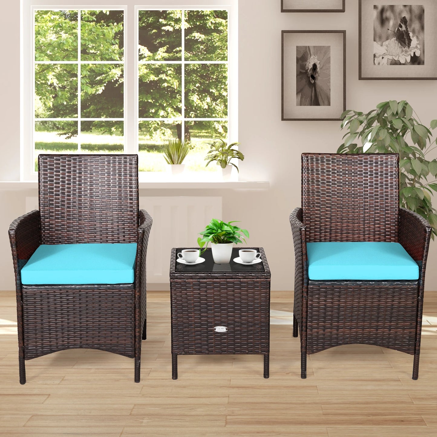 3PCS Patio Rattan Furniture Set Cushioned Sofa Glass Tabletop Deck Blue