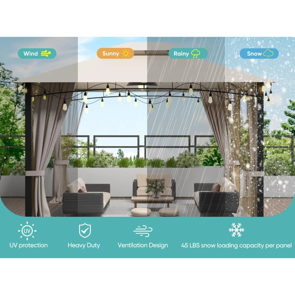Patio Gazebo 10x12, Heavy Duty Soft Top Gazebos, Double Roofs, Anti-UV  Privacy Curtains & Netting