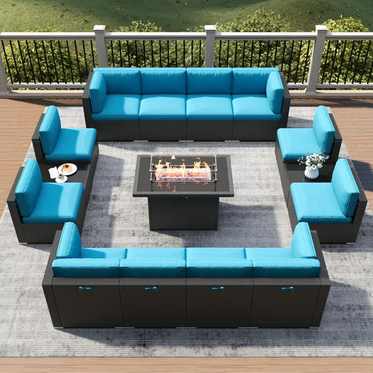 15 Piece Patio Furniture Set, Fire Pit Table, Wicker Rattan Sectional Sofa with Coffee Table