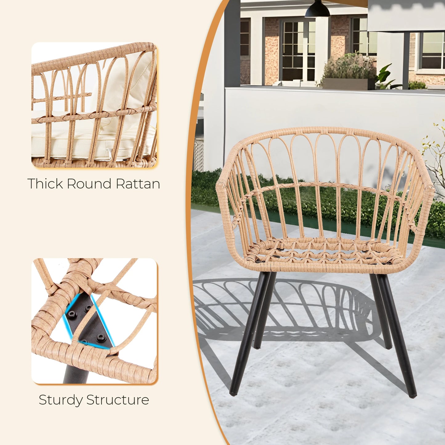 5 PiecePE Rattan Patio Furniture Set, Wicker Bistro Set, All-Weather Chairs, Ottoman & Coffee Table