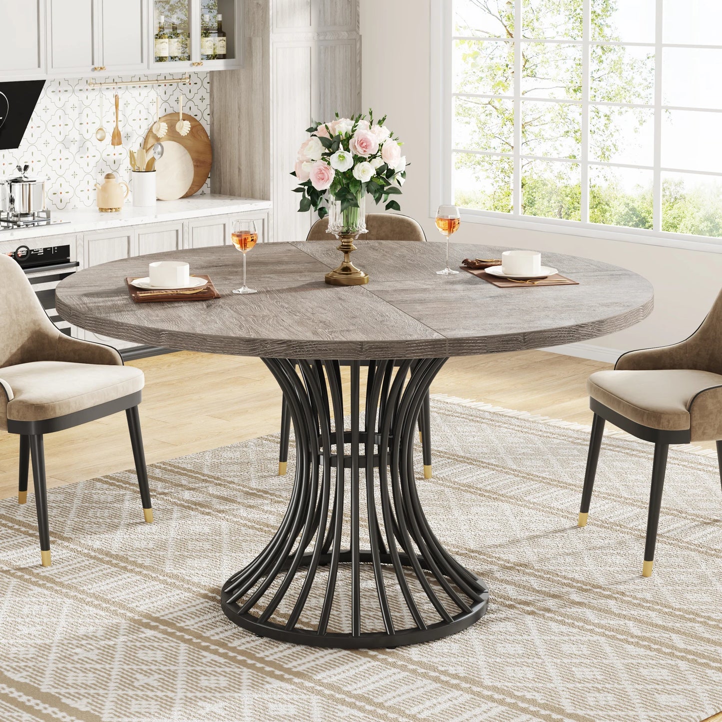 Round Indoor Dining Table for 4-6 People, 47-Inch Farmhouse Kitchen Table, Industrial Dinner Table