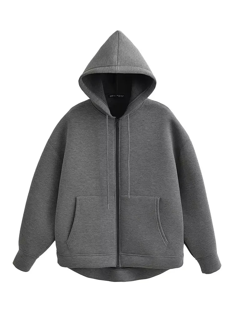 Autumn Women Gray Jacket, Hood Long Sleeve Big Pocket Zipper Woman Loose Casual Outerwear Coat Tops