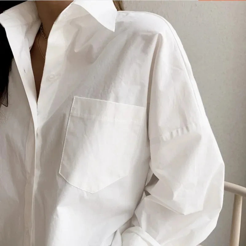 Lady Elegant White Casual Loose Blouses Fashion New Cotton Long Sleeve Women Shirt Turndown Collar