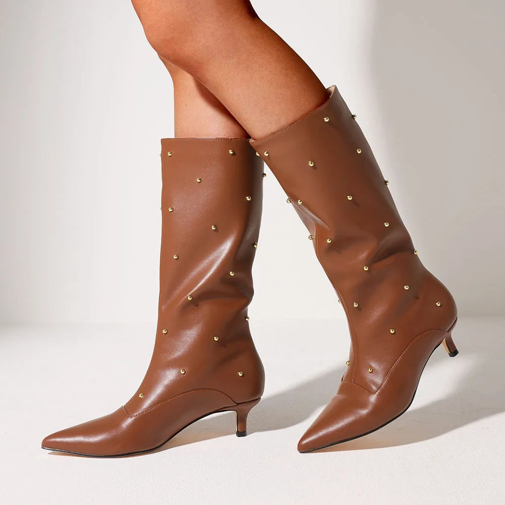 Fashion Women Mid Calf Boots Point Toe Med Heels Rivet Metal Wide Calf Boots 2025 Designer