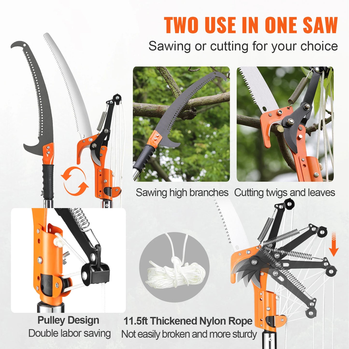 Manual Pole Saw Extendable Tree Pruner Sharp Steel Blade,Lightweight Aluminum Alloy Handle