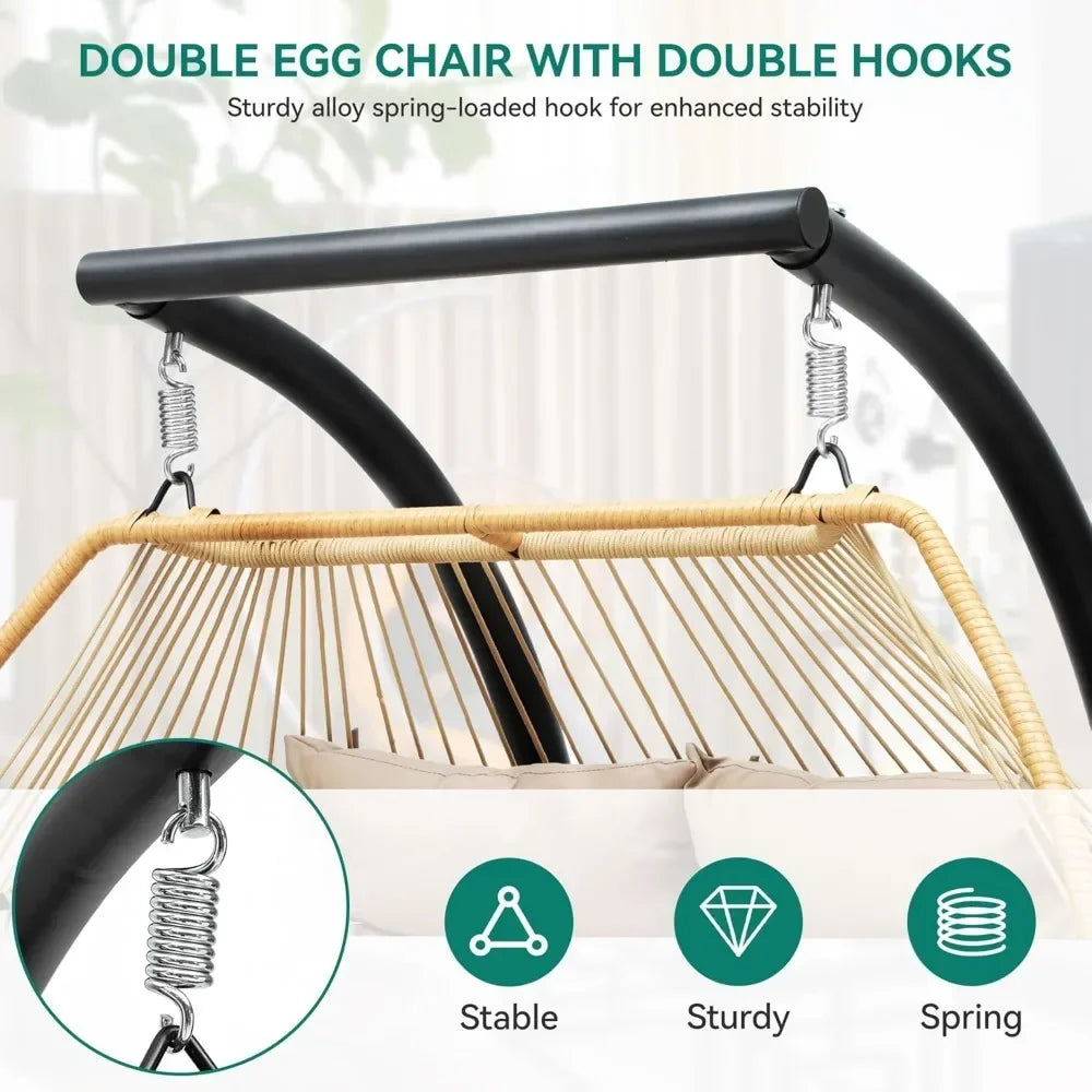 2 Person Hanging Egg Swing Chair,W/Stand, Wicker Indoor Outdoor Hammock, Cushions 550lbs, Patio