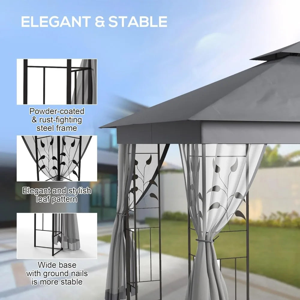 10' x 10' Metal Patio Gazebo, Double Roof Outdoor Canopy Shelter with Tree Motifs Corners,Netting,