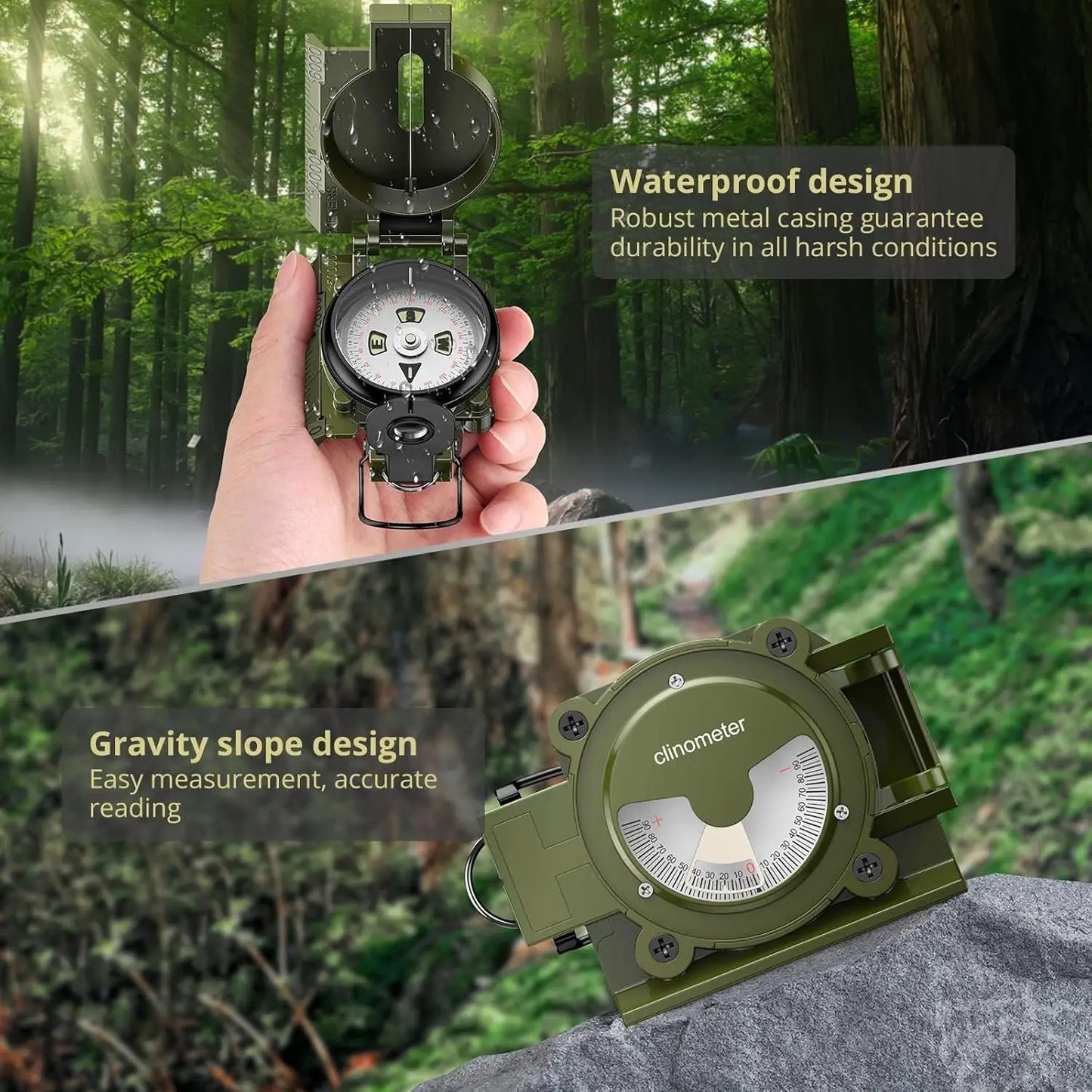 Compass, Clinometer, Strong Magnetic Intensity 3000 Gauss Professional Military Compass Waterproof