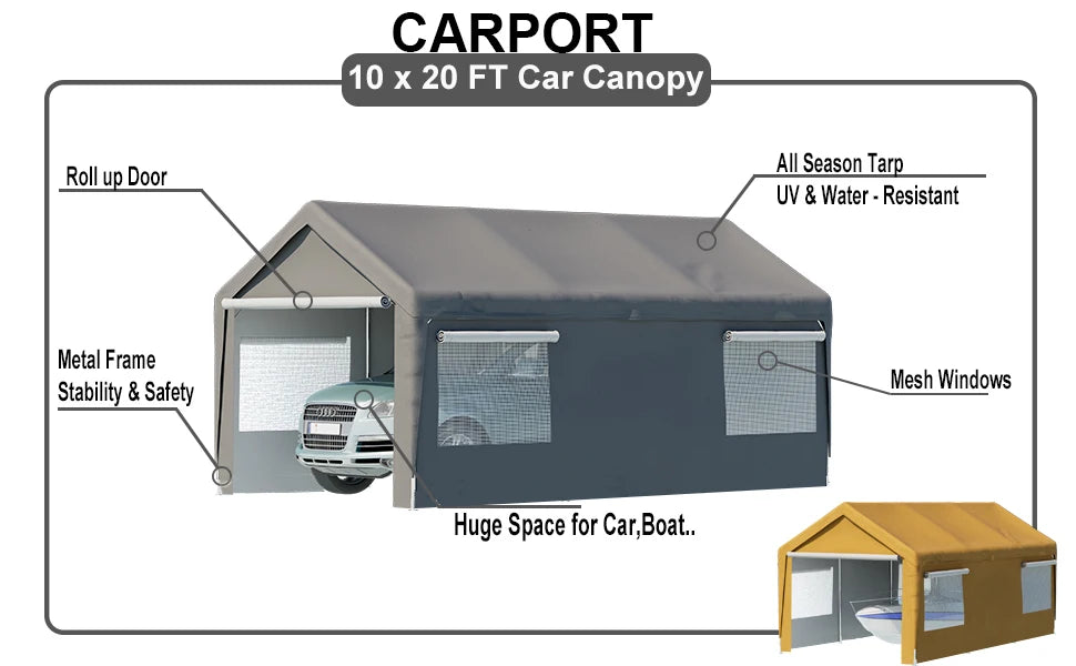 Carport 10x20ft Portable Garage Canopy Heavy Duty, with Mesh Windows and Removable Sidewalls