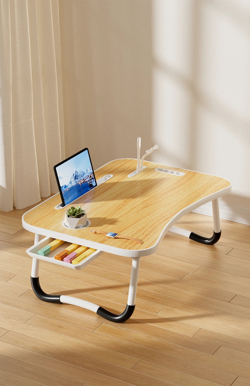 Portable Laptop Desk with USB Light, Small Fan, Cup Holder, laptop Slot, lifting Handle - Foldable