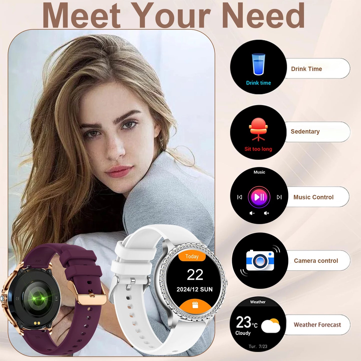 Smart Watch, women 1.32" Touchscreen Fitness Tracker, Wireless Calls, Music Time Display, Step Count