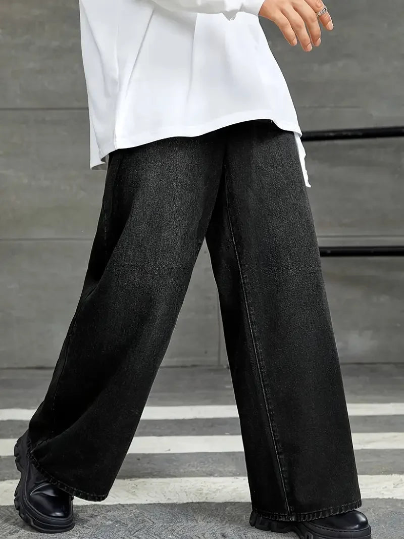 Men'S Loose Fit Black Denim Wide Leg Jeans, Raw Wash Detail - Comfortable, Versatile All-Season Wear