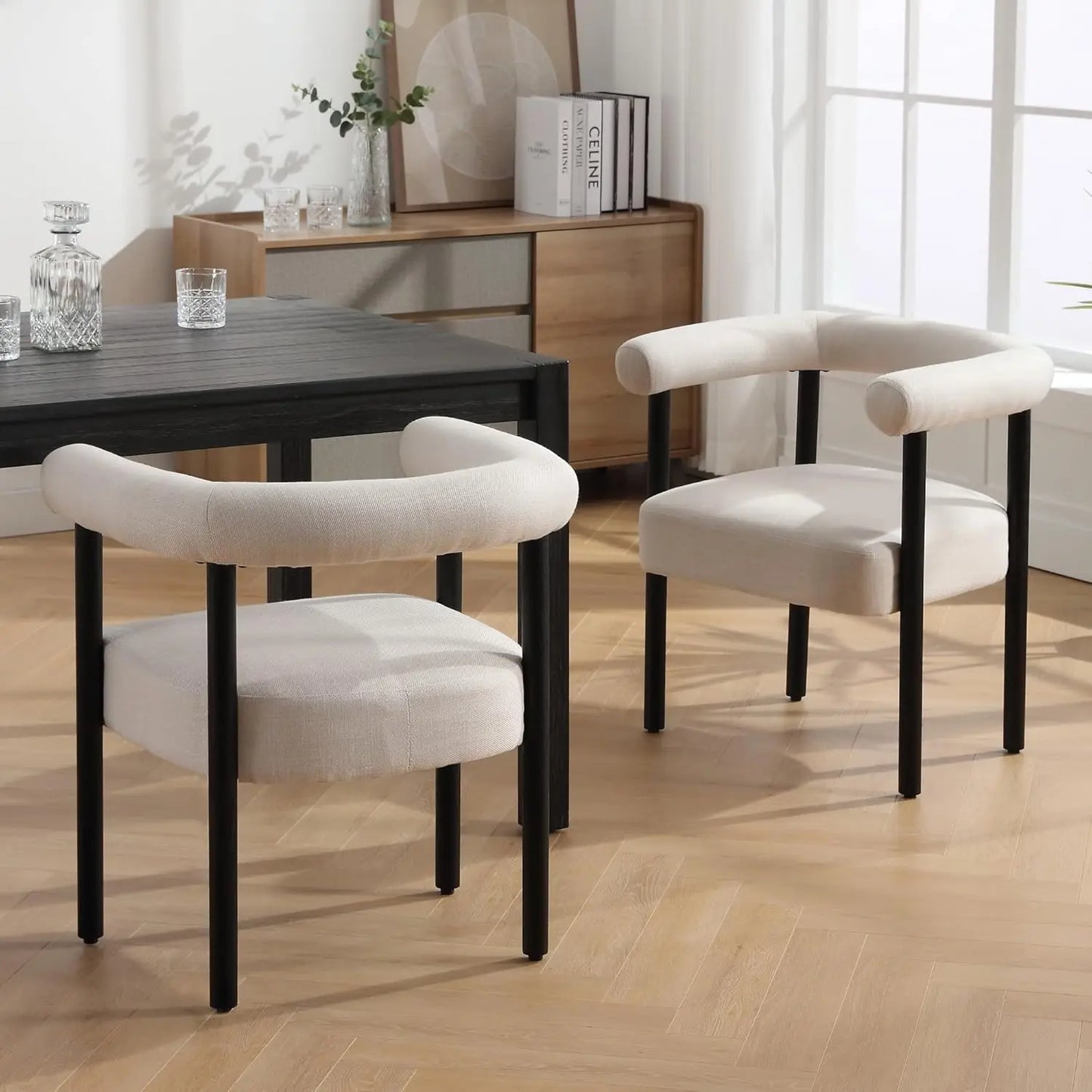 Mid-Century 2 Modern Dining Chairs, Armrest Barrel Side Accent Chairs Curved Back, Upholstered,wood
