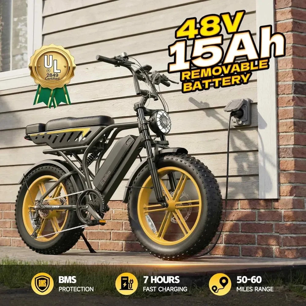 E-Bike Adults 1500W Peak 20" Fat Tire All-Terrain 60/130 Miles 28 MPH Dirt Bike - 48V 15/30 AH