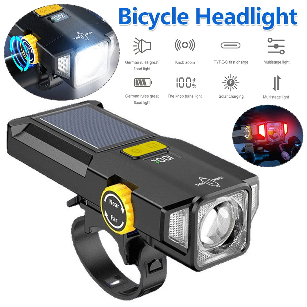 Solar Bike Front Light USB Recharge,Safety Front Lamp, Display High Brightness ,Night Riding