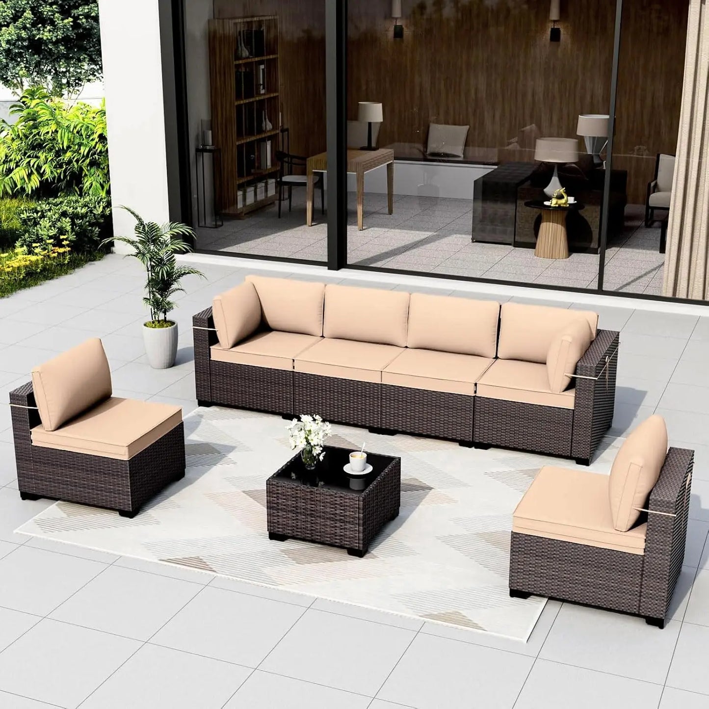 7 Pieces Patio Furniture Set, 4’’ Thick Cushions, All-Weather PE Rattan 29.5'' High Backrest