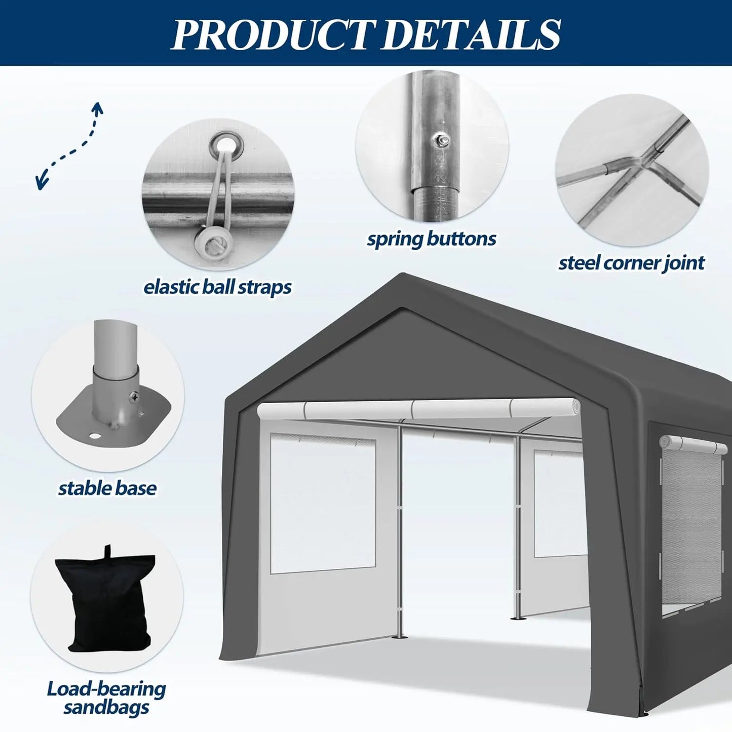Heavy Duty Carport Tent - Portable Outdoor Canopy with Roll-up Side Doors & Windows, Portable Garage