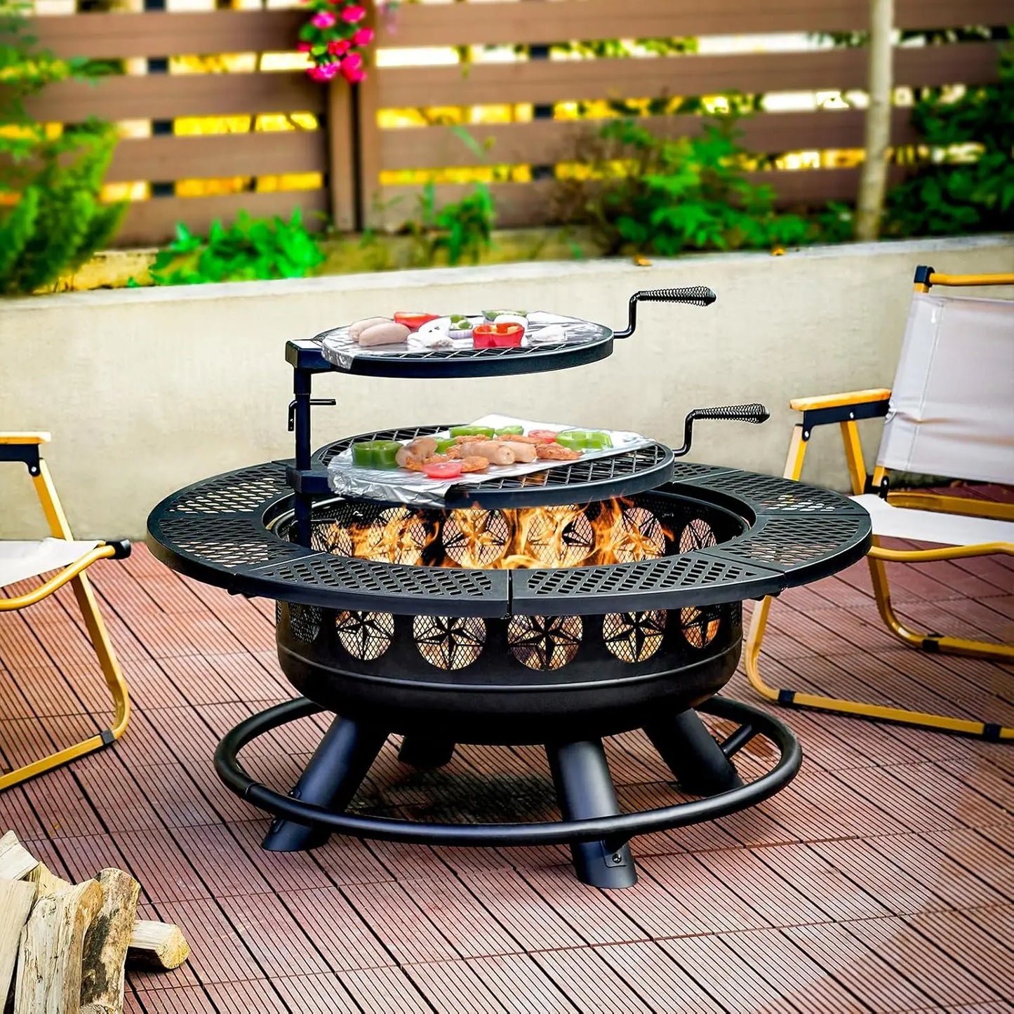 36 Inch Fire Pit,2 Cooking Grills,Outdoor Wood Burning BBQ Firepit with Lid, 3-in-1 Fire Pit