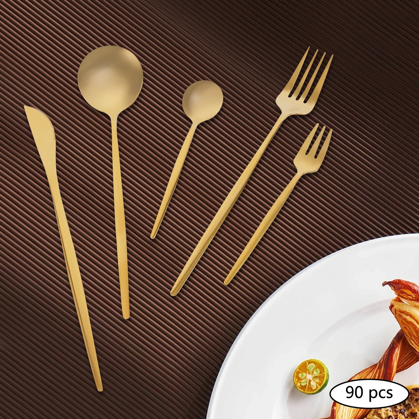 90 Pcs Gold Flatware Set Stainless Steel Utensil Kitchen Tableware Forks Knives Spoons Cutlery