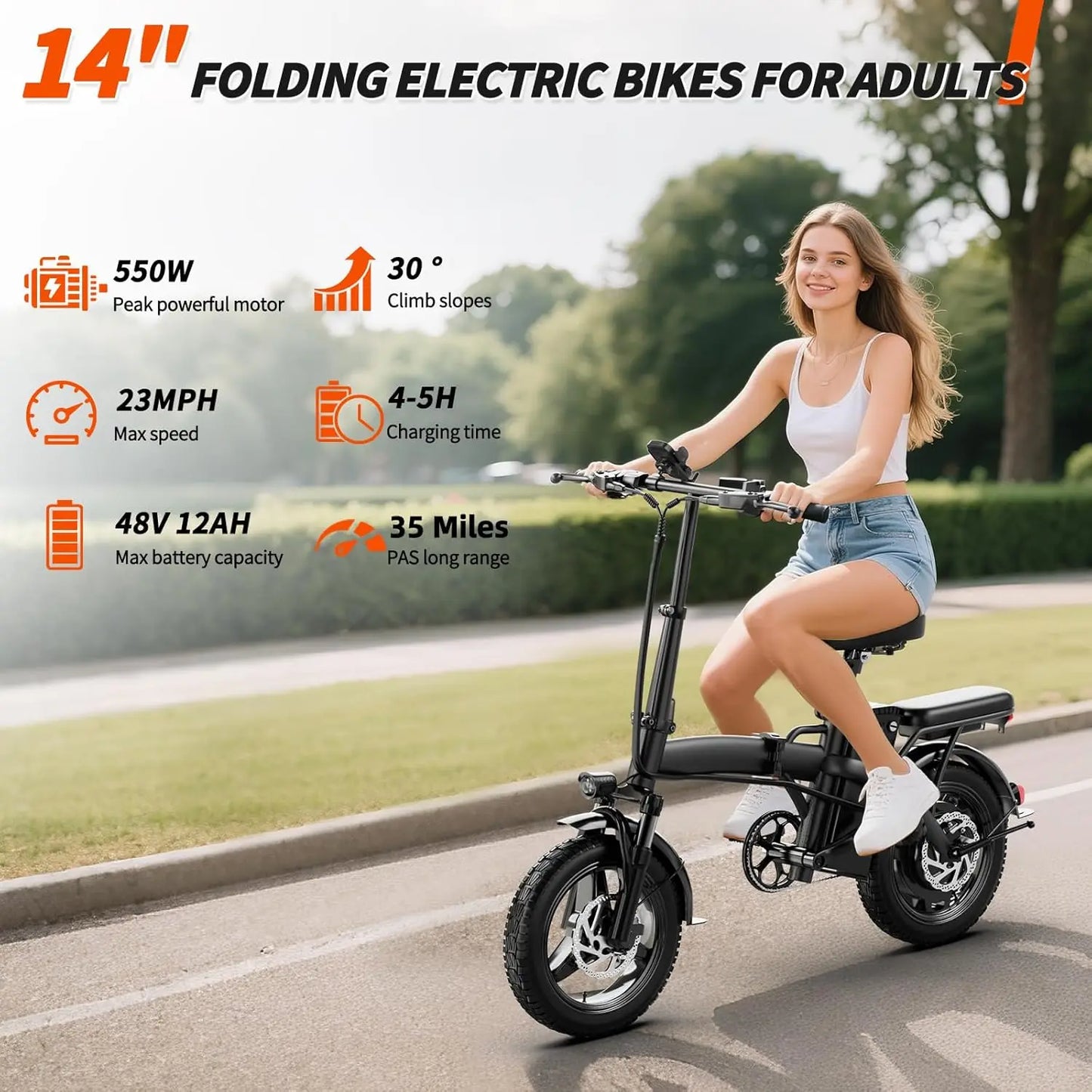 E-Bike, Adults/Teens,550W Motor 23MPH Folding, PAS Mode,35Miles Range,48V Removable Battery