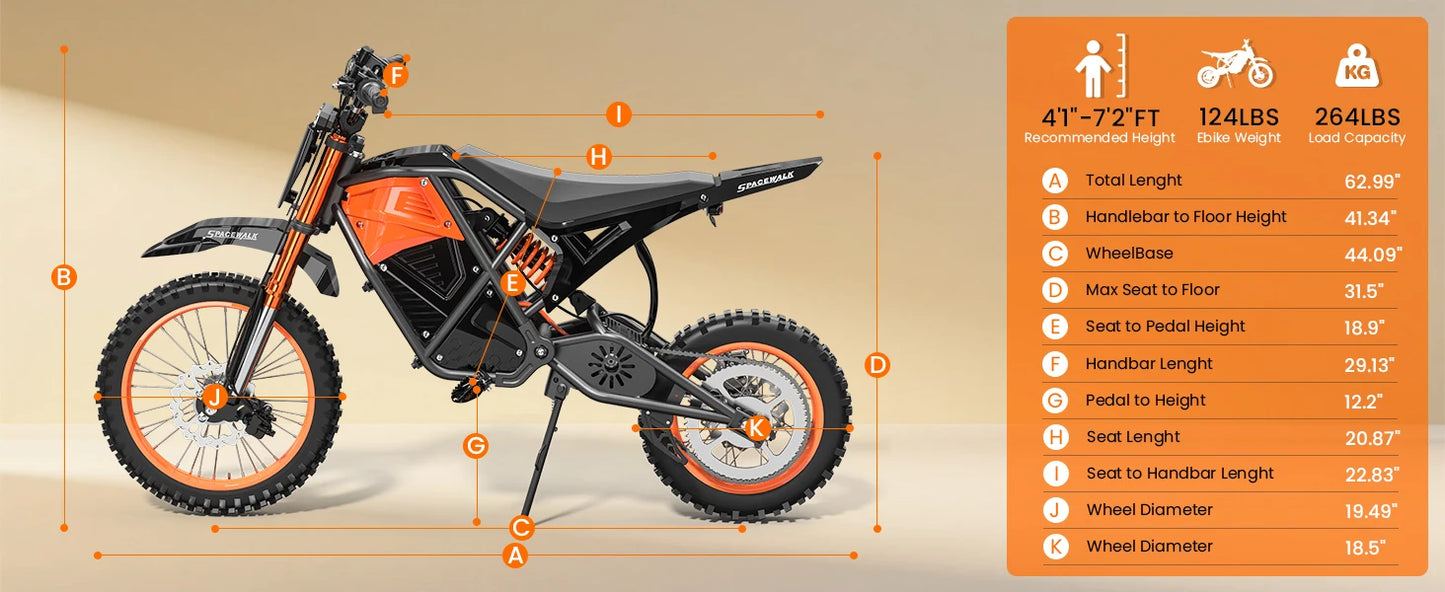 48V E-Dirt Bike, Adults, 3000W Peak Power,14"/12" Fat Tire, 37.5MPH 60 Miles Range