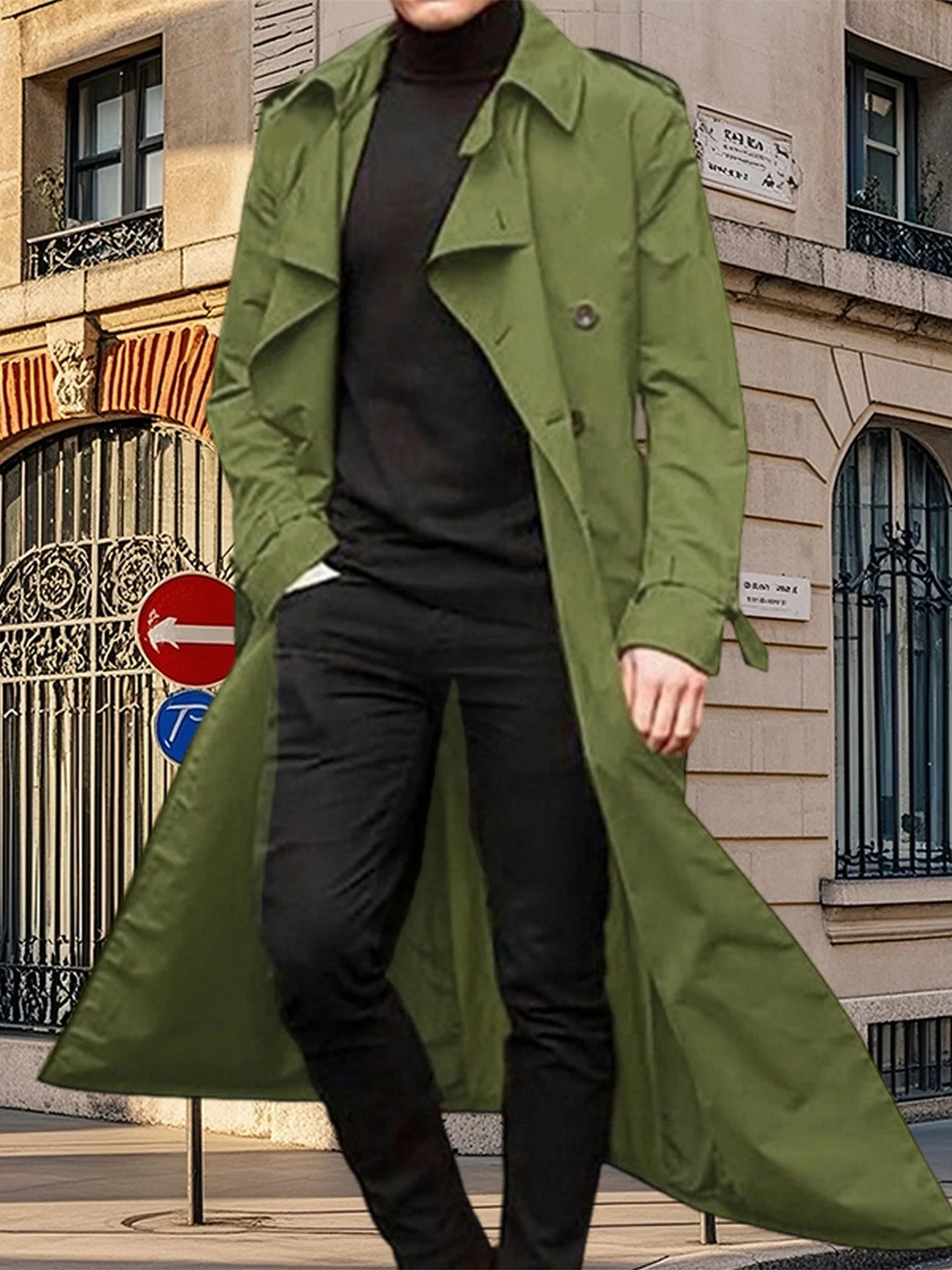 Men s Classic Wool Blend Trench Coat, Removable Belt, Notched Lapel Collar Warm Winter Overcoat