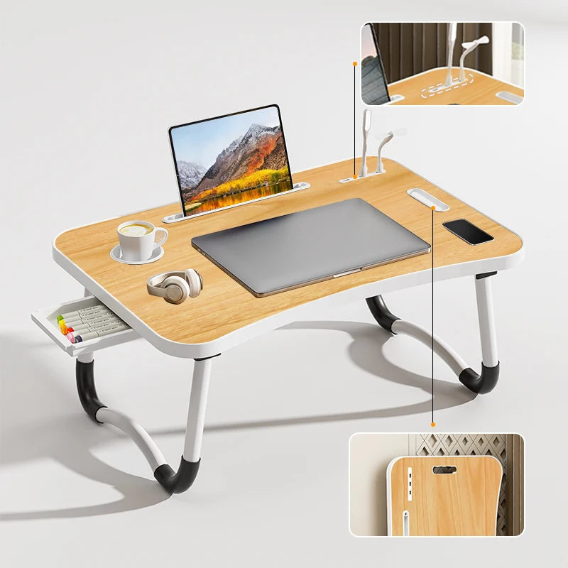 Portable Laptop Desk with USB Light, Small Fan, Cup Holder, laptop Slot, lifting Handle - Foldable