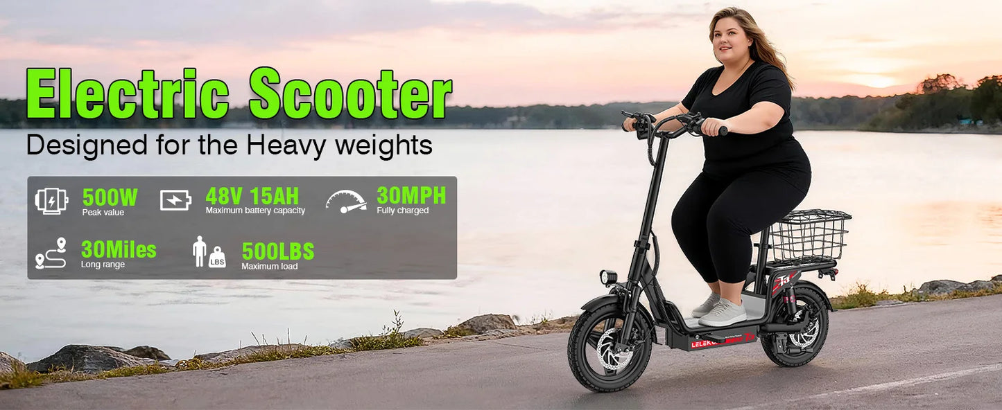 E-Bike, 500W48V15AH, 30MPH 14 inch E-Bike, 500lbs Load-bearing Multiple Shock Absorbers, Basket