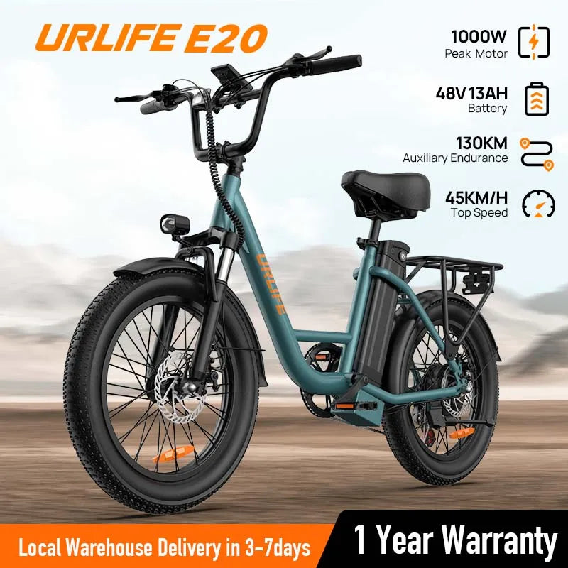 1000W E20 Electric Bike 13Ah Removable Battery, 20MPH, 20''X3" Fat Tire, 7-Speed Dual Disc Brake