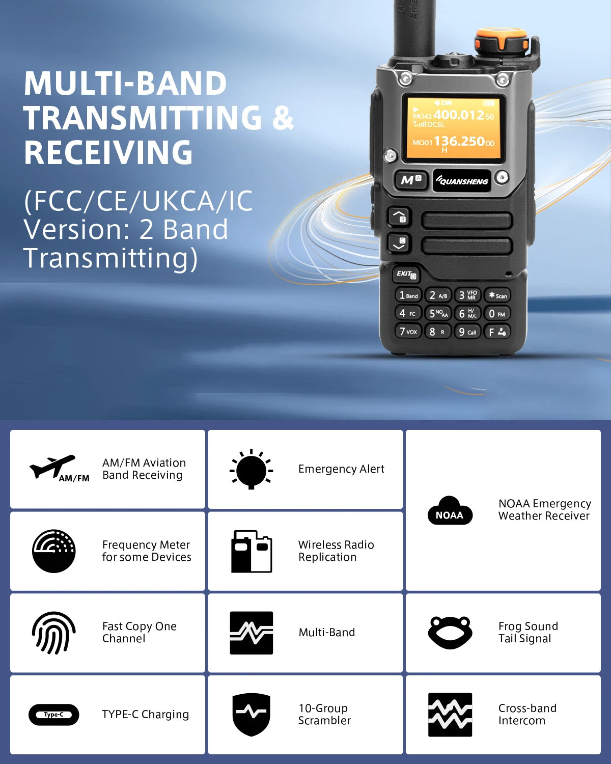 Walkie Talk5W Air Band Radio Type C Charge UHF VHF DTMF FM Scrambler NOAA Wireless Frequency 2Way CB