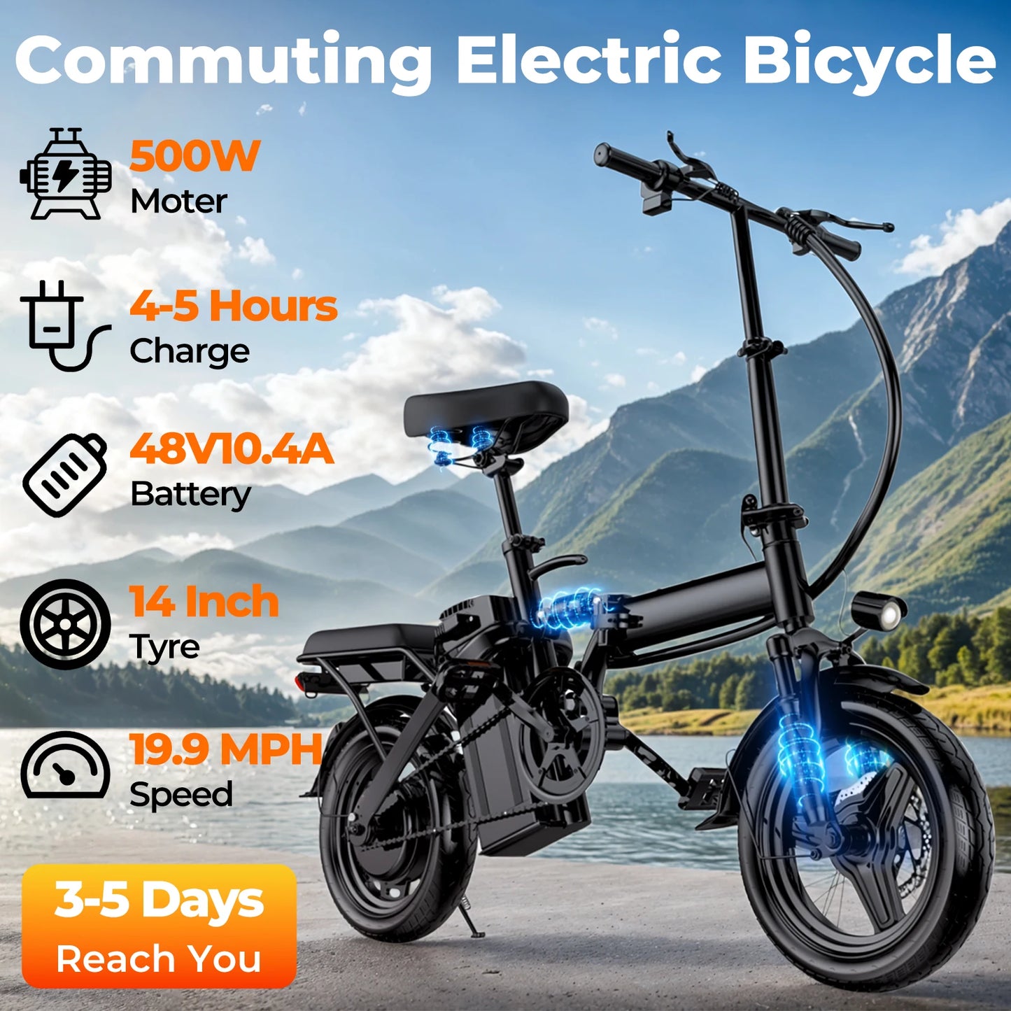 Adult Commuter E- Bike,14-inch, Easy to Fold, 500W Motor, 48V10.4Ah Removable Battery, 20-mile Range