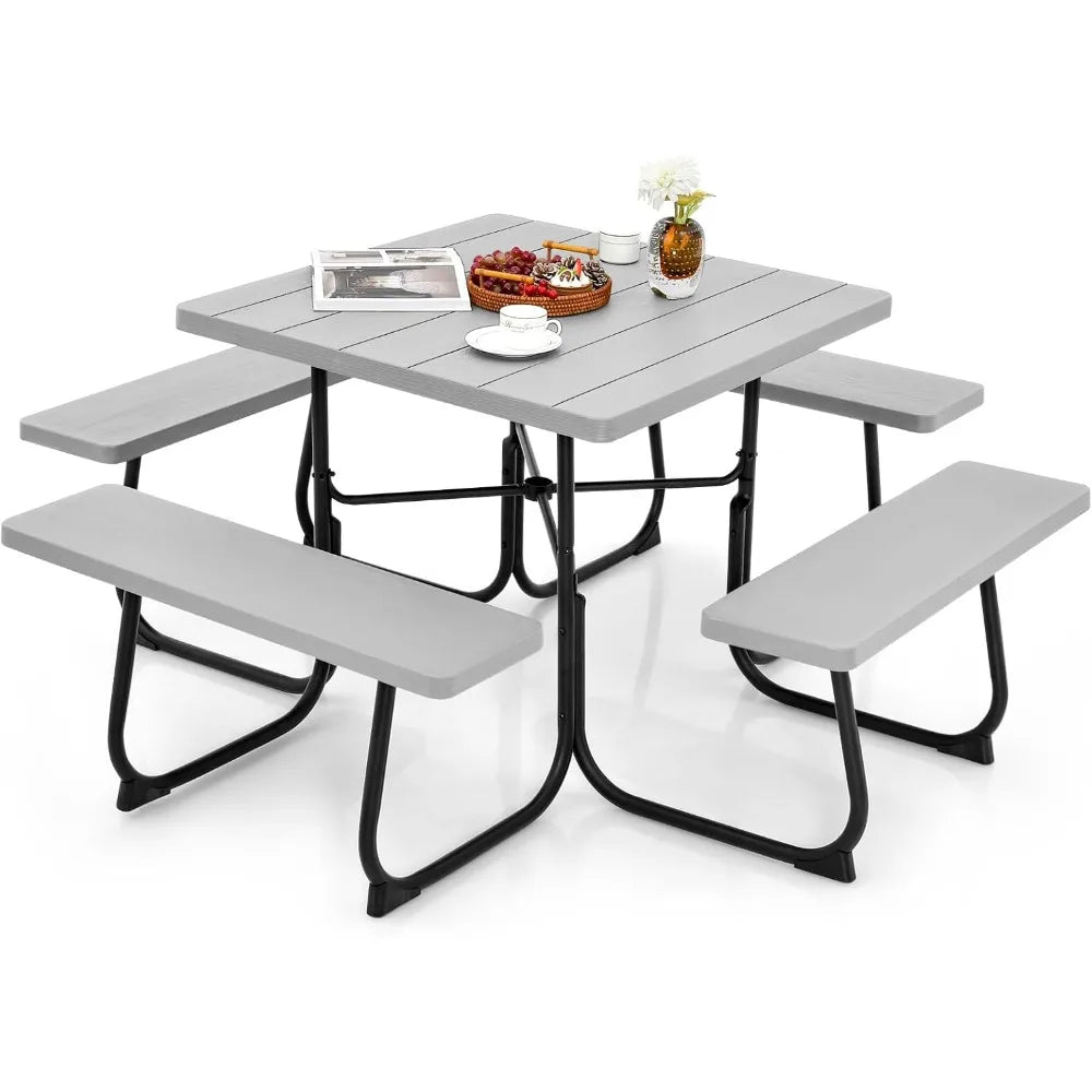 8 Person Picnic Table, Outdoor Square w/ 4 Built-in Benches, Umbrella Hole, Metal Frame & Tabletop,