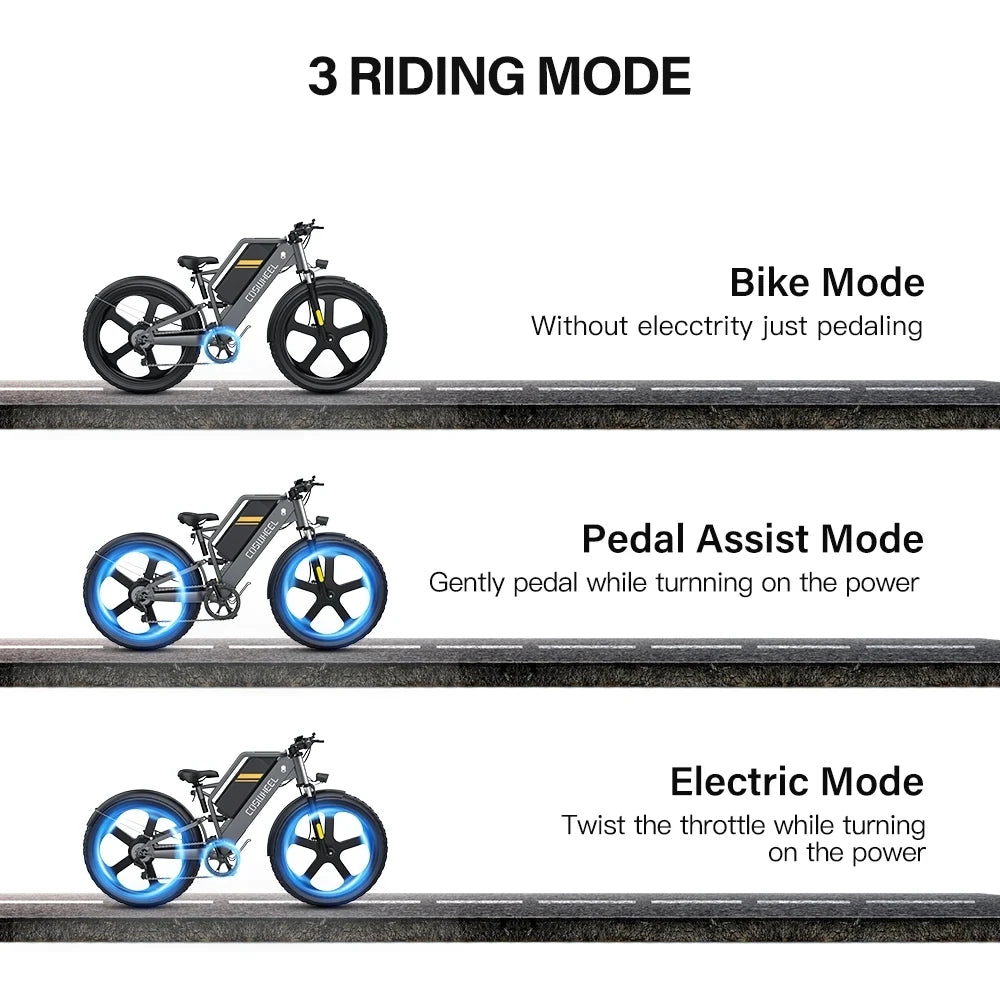 COSWHEEL T26 Electric Bike 26Inch Fat tires Mountain 1000W 48V 25AH hydraulic brake  Off Road