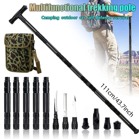Multi Mountaineering Stick with Camouflage Backpack T-shaped Retractable Folding Stick Climbing Tool