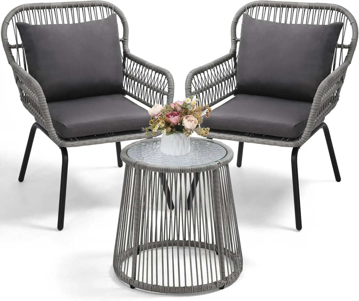 2 Luxury Outdoor Swivel Wicker Glider Chairs, Table, Overstuffed Washable Cushions,  Porch,Deck