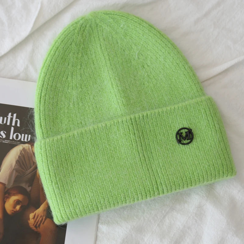 2024 Fluffy  Angora Hat Rabbit Fur Warm Winter Cashmere Wool Soft  Beanies Knitted Outdoor Female