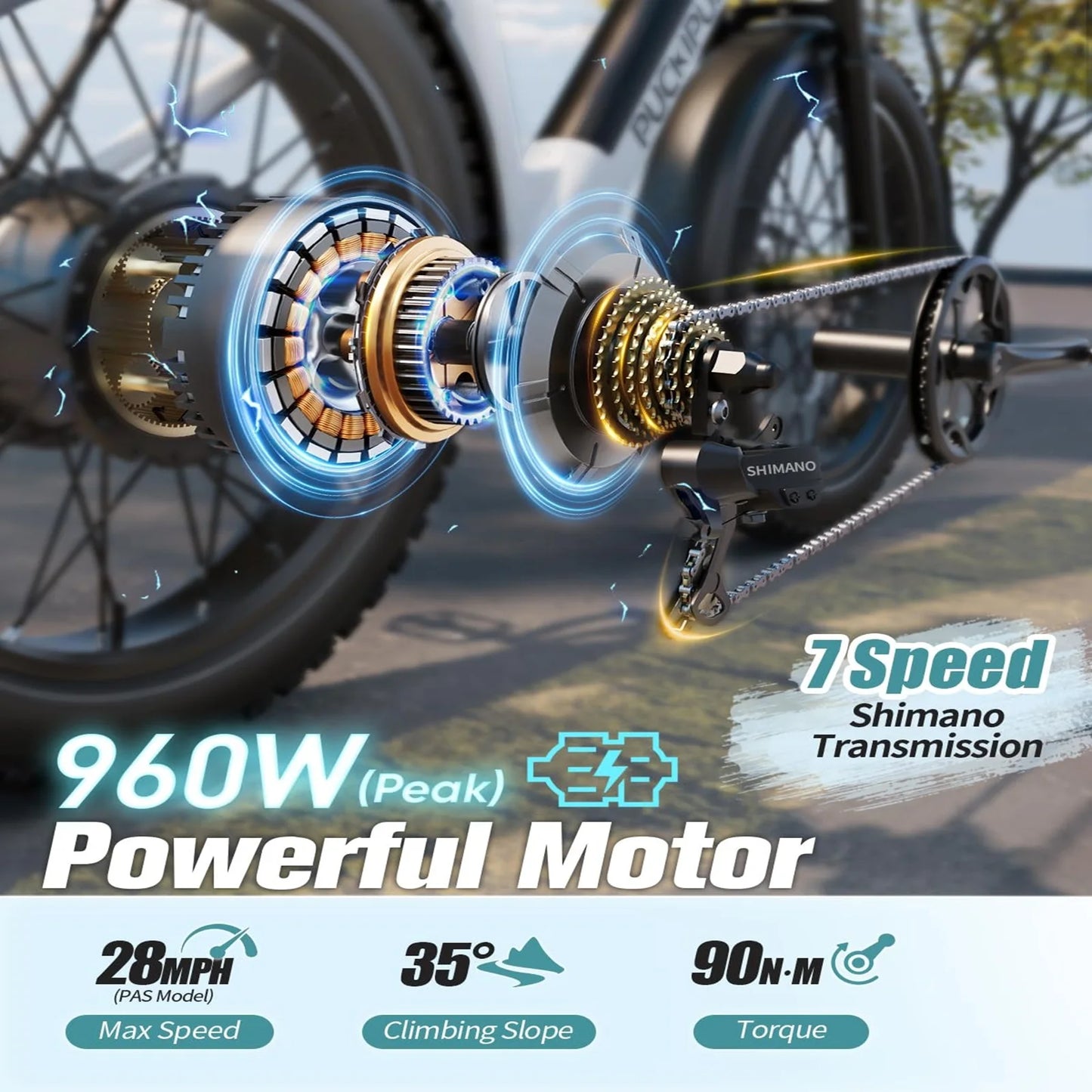 PUCKIPUPPY E-Bike, Adults 960W Peak 48V 15AH 7 Speed All Terrain 26" Fat Tire Front Suspension