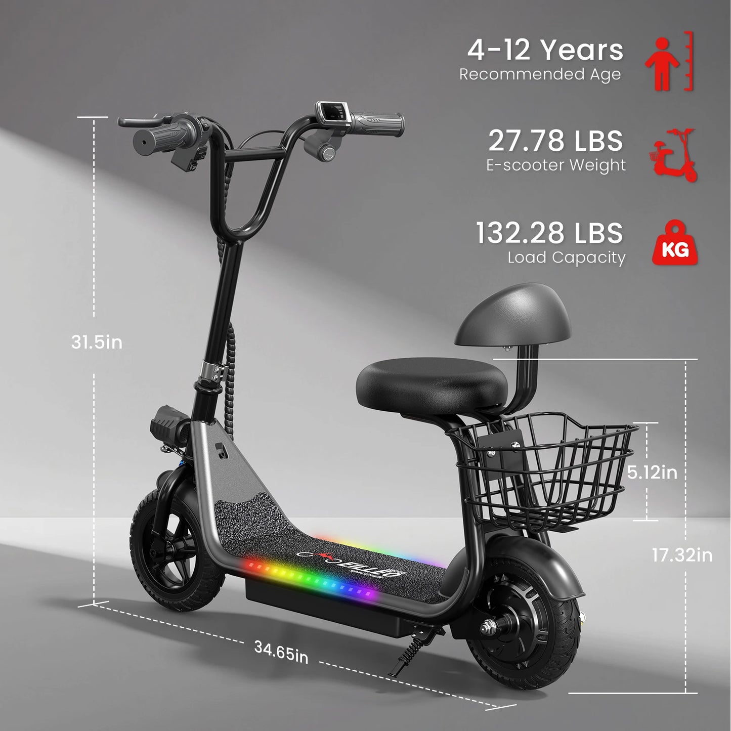 Kids E-Scooter, Blue tooth Speaker Foldable Design Seat, Basket LED Light Strip 11MPH Speed 132lbs